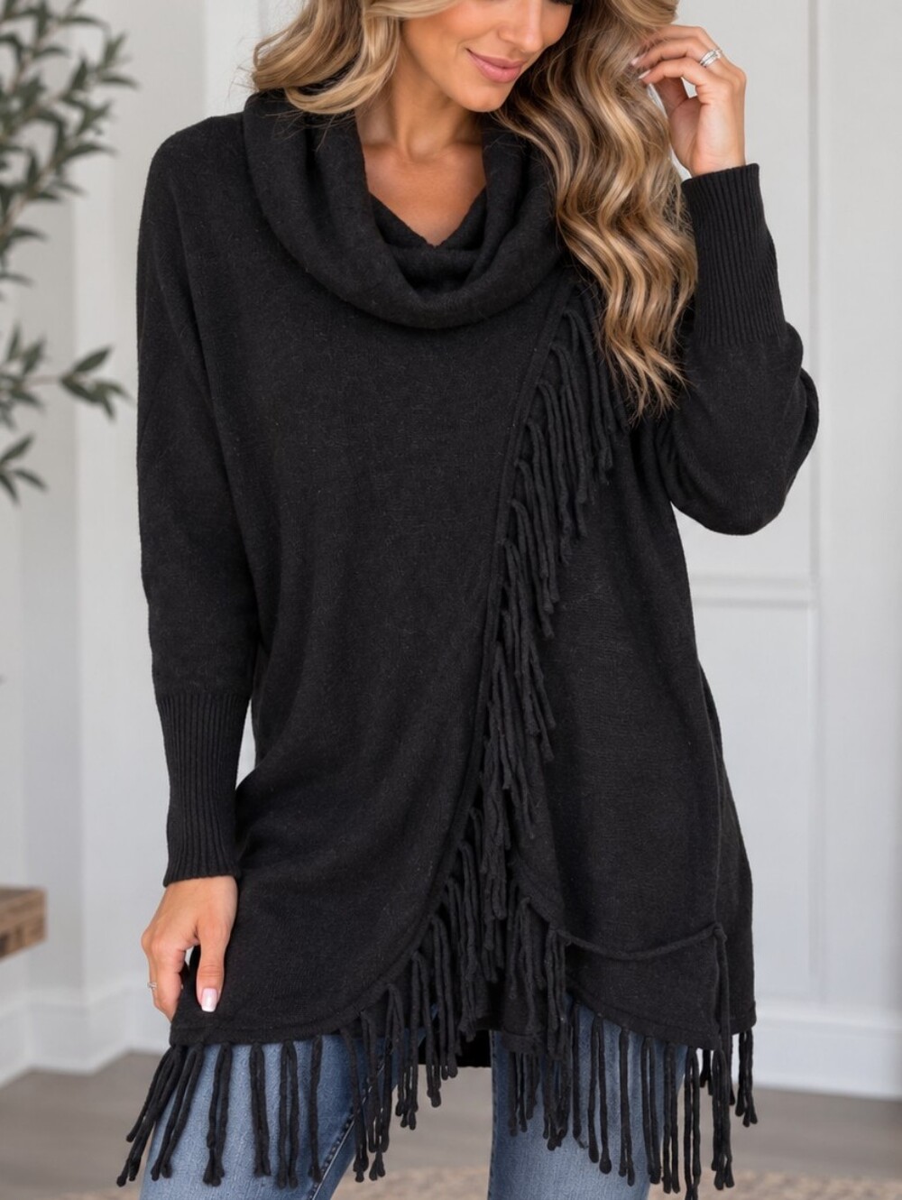 Women's Birch NY Black Cowl Neck Fringe Sweater Size M